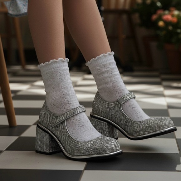 Dolls Kill Shoes - Dolls Kill Silver Glitter Mary Jane Block Heel Pumps